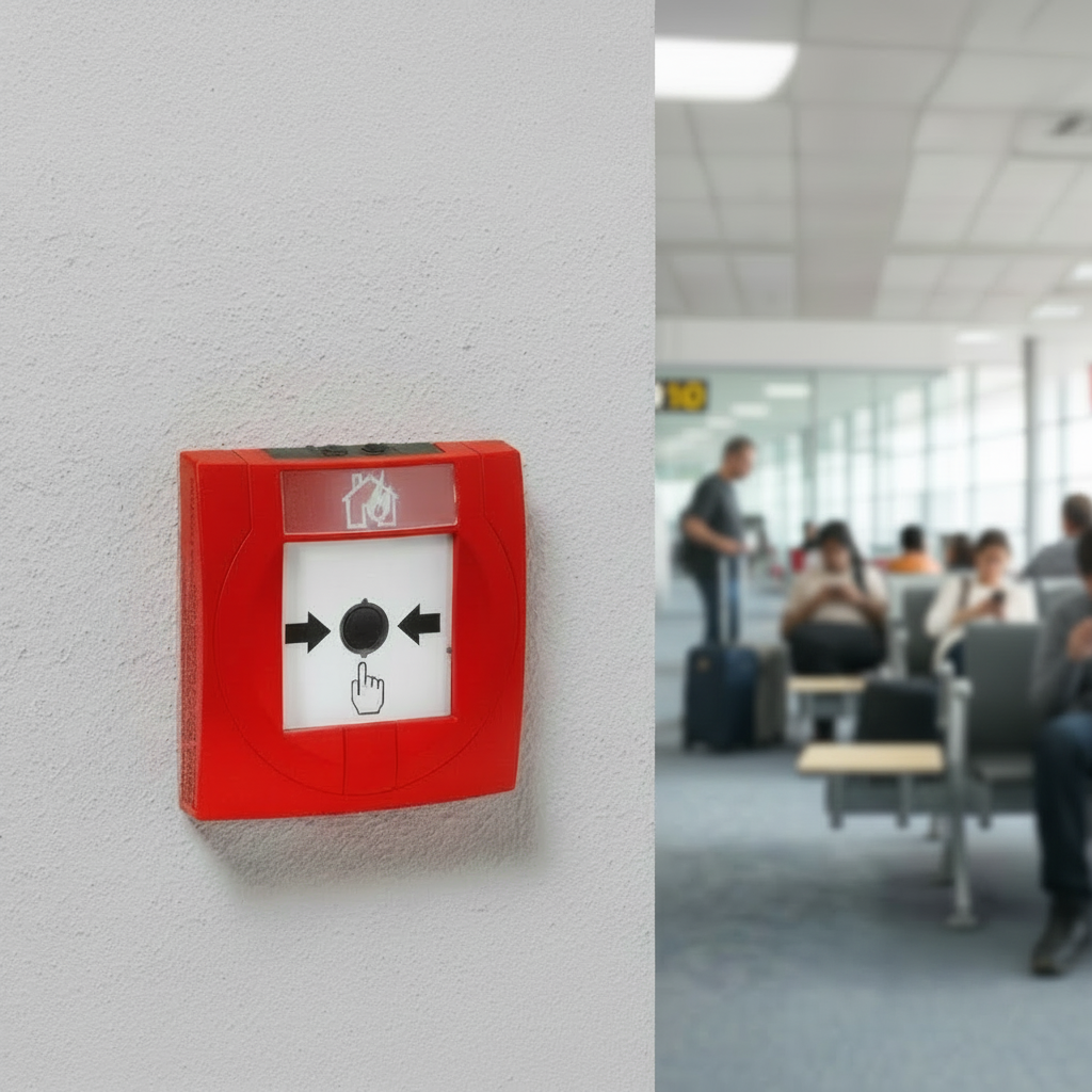 Handfeuermelder im Wartebereich eines Flughafens