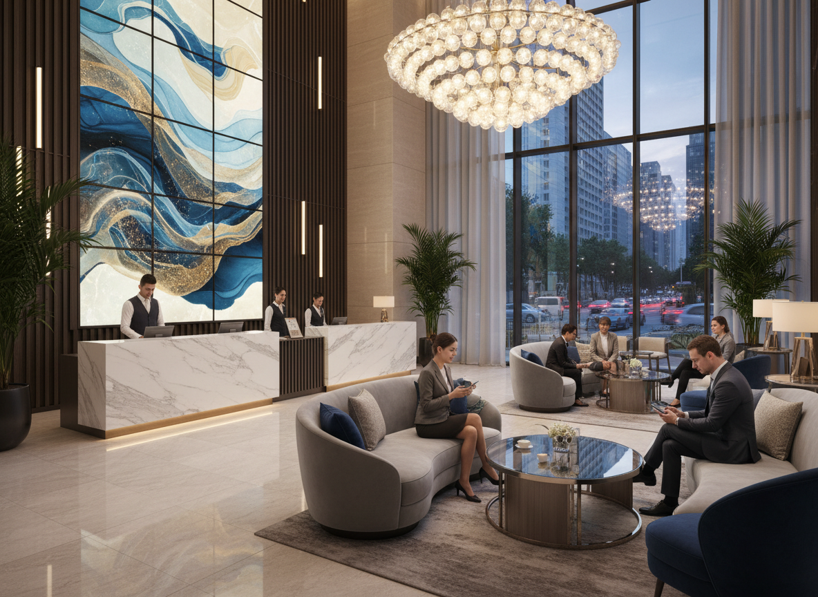 Moderne Hotellobby mit Personal und Besuchern