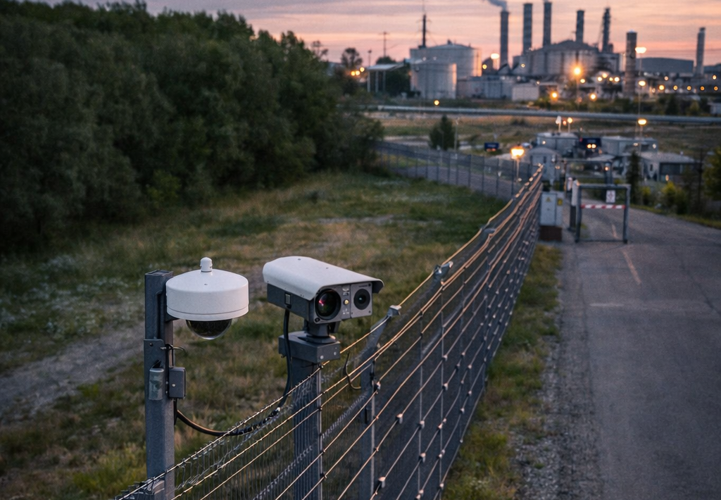 Sicherheitszaun bei Dämmerung 2 Drohnenaufnahme eines gesicherten Industriegeländes mit Perimeterschutz, Überwachungszaun, Kamerasystemen und kontrollierter Zufahrt bei Dämmerung