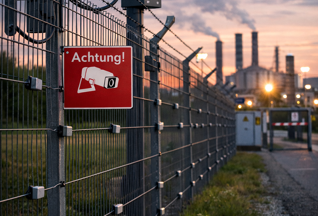 Sicherheitszaun bei Dämmerung Perimeterschutz an Industrieanlage mit Sicherheitszaun, Videoüberwachung und Sensorik zur frühzeitigen Erkennung von Eindringversuchen